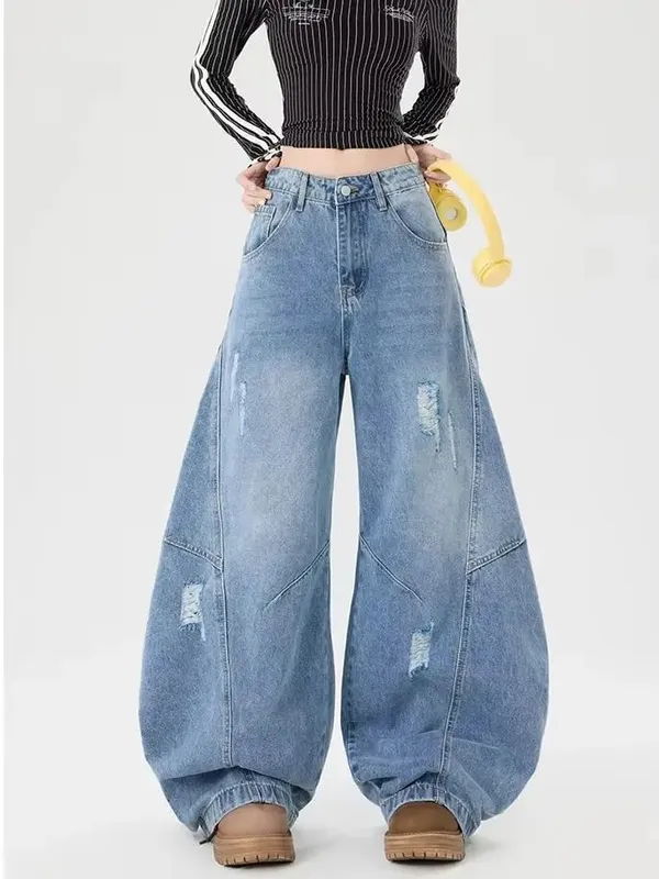 Seluar Jeans Kaki Melengkung Gaya Retro Uniseks Santai Sesuai Perca Tampalan Lembut Tahan Lama Wanita Lelaki Serbaguna Dicuci Seluar Lebar Kaki — image 1