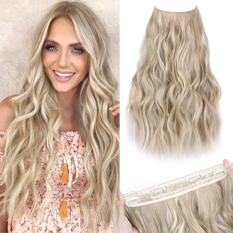 Extensions de cheveux synthétiques à fil Invisible, 4 Clips, ligne de poisson naturelle longue et ondulée, faux postiche une pièce pour femmes — image 1