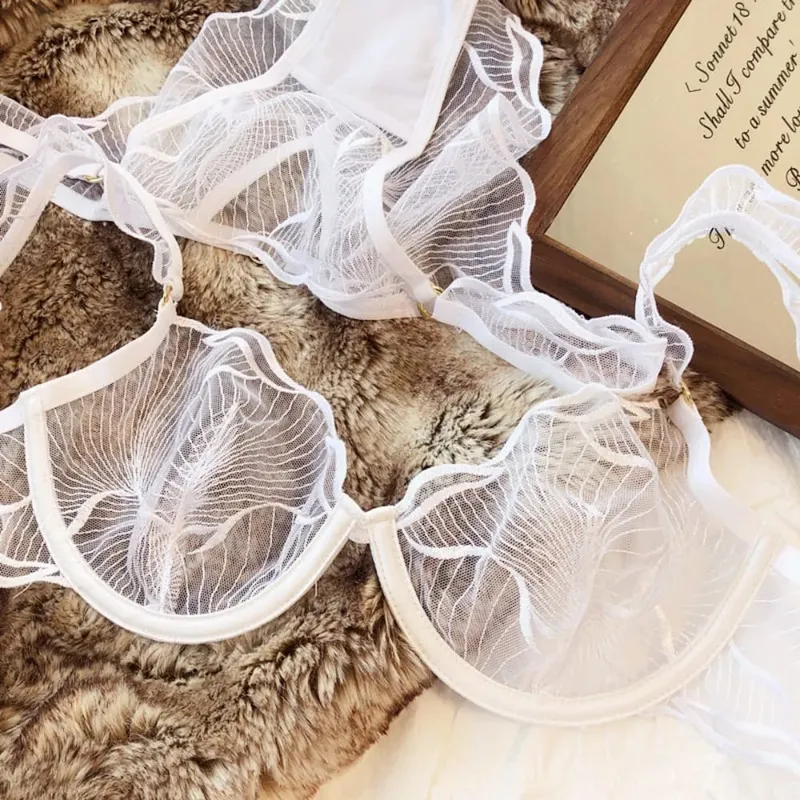 French Embroidery Lace Bra Set For Women Ultra Thin Sheer Minimizer Bra Hollow Out Lingerie Brassiere 32-38AB Elegant Daily Wear — image 6