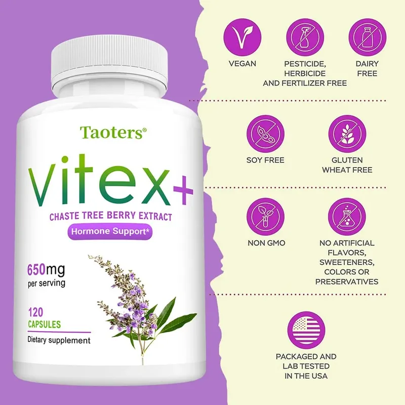 Organic Vitex Chaste Tree Berry Extract Capsules-650Mgฮอร์โมนสำหรับผู้หญิงวัยหมดประจำเดือน/PMSสนับสนุนอารมณ์และสุขภาพผิว — image 7