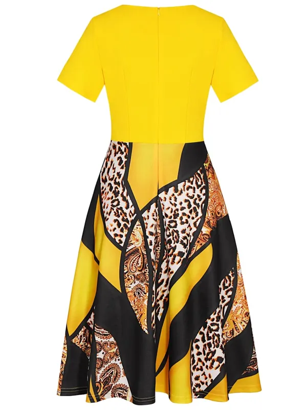 Bayan Kısa Kollu Zarif Çiçek Çalışma Ofisi A-Line Patchwork Midi Rahat Parti Slim Fit Ve Flare Salıncak A-Line Elbise — image 2