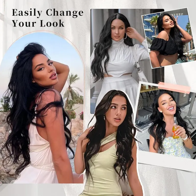 Black Halo Hair Extensions ที่มองไม่เห็นลวดปรับขนาด 22 นิ้วยาว Wavy Curly Hairpieces สำหรับผู้หญิงไม่มีคลิป — image 3