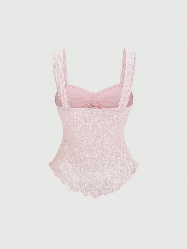 ภาษาฝรั่งเศสคำนุ่ม PURE ความงามผู้หญิง Cropped camisole ลูกไม้ผ้า jacquard เครื่องประดับโบว์เอว cinched อเนกประสงค์แขนกุด Inn
