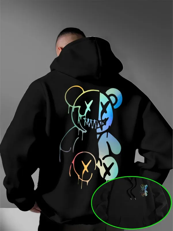 Felpe con cappuccio da uomo oversize larghe Felpa con cappuccio olografica divisa Evil Bear Fronte retro Felpa con doppia stampa Dark Street Daily