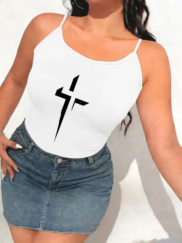 ผู้หญิงโกธิคสปาเก็ตตี้สายคล้องคอ Cami Tank Top Vintage Distressed Cross พิมพ์ Camisole Y2K Streetwear เสื้อฤดูร้อนสบายๆ — image 11