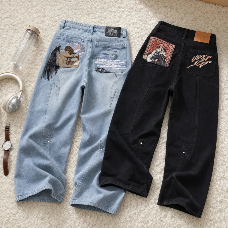 Y2K Black Baggy Cargo Jeans Men Horse Back Pocket Embroidery Cursive Wild Ride Distressed Cut Out Wide Leg Casual Denim Trouser — image 2
