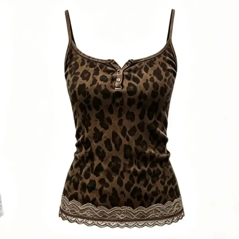 Amerikan Leopar Baskı Fişleri Yaylar Patchwork Dantel Seksi Ince Kırpma Camiş Üst Moda Kadın Y2K Kıyafetler Festivali Parti Halter Yelek — image 3