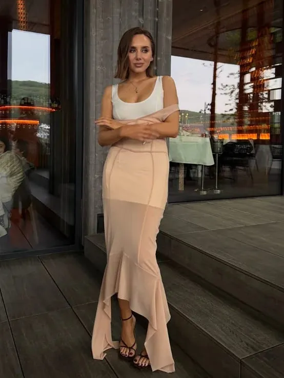 Prążkowana dzianinowa Mini sukienka w połączeniu z siatkową warstwą wewnętrzną kwadratowy dekolt bez rękawów sukienki Slim Fit 2026 Lady seksowna do klubu na imprezę szaty — image 11