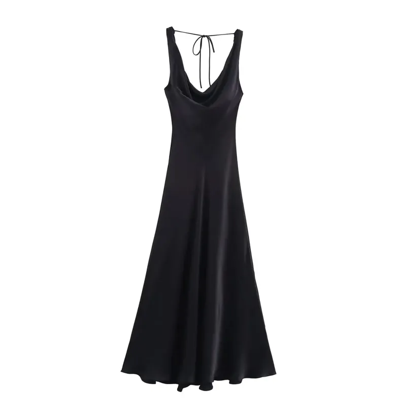 HH Abito longuette da donna in stile vacanza in raso con scollo a V senza schienale Abito estivo femminile elegante con cinturino allacciato — image 8