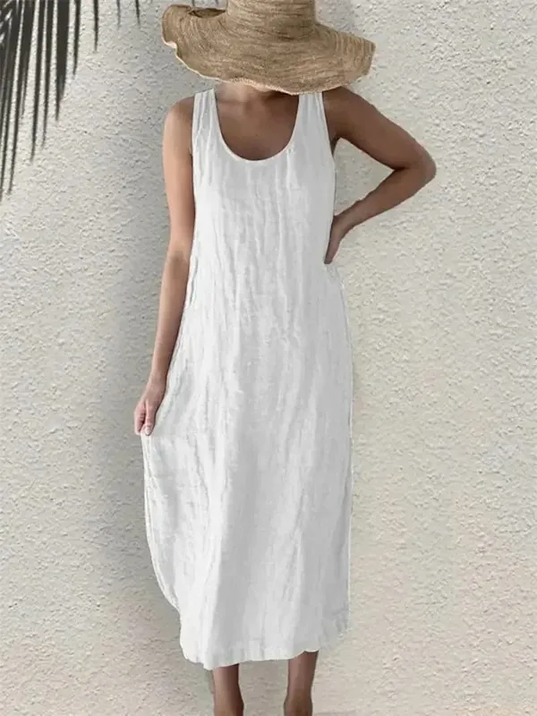 Robe en coton et lin pour femmes, confortable et décontractée, couleur unie, poches latérales, col rond, pull sans manches, été, 2026 — image 5