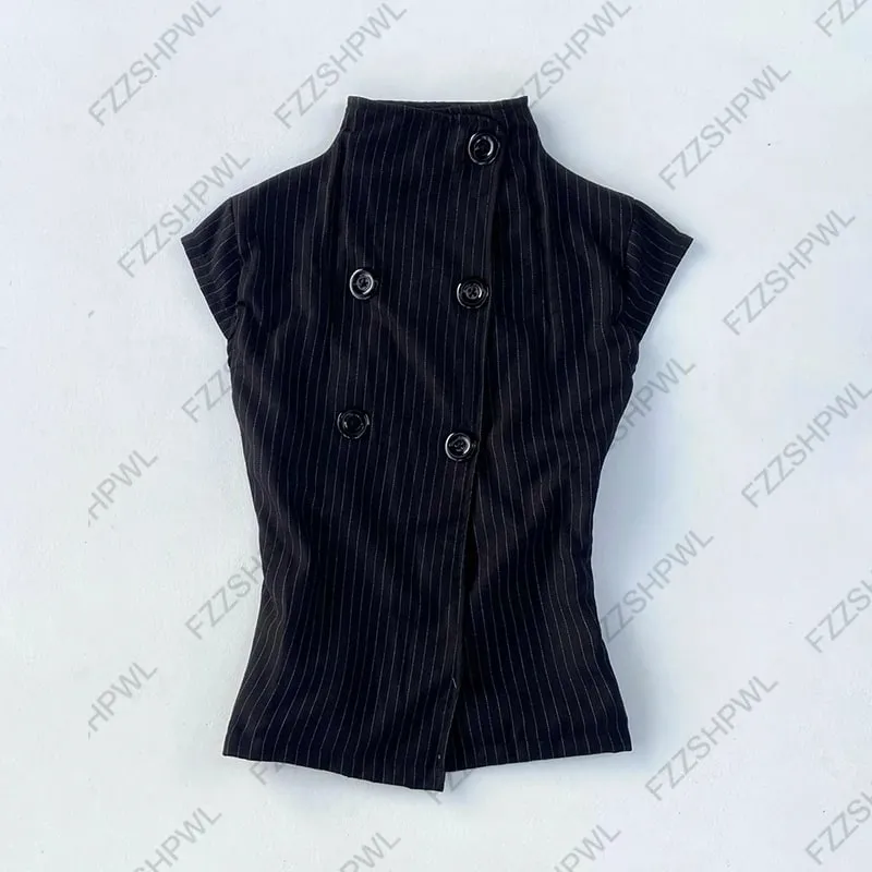 Button Harajuku Y2k Tank Top Streifen Grafikdruck Punk Crop Top Streetwear Rock Goth Weste Subkultur Spicy Girls Ärmelloses Top — image 2