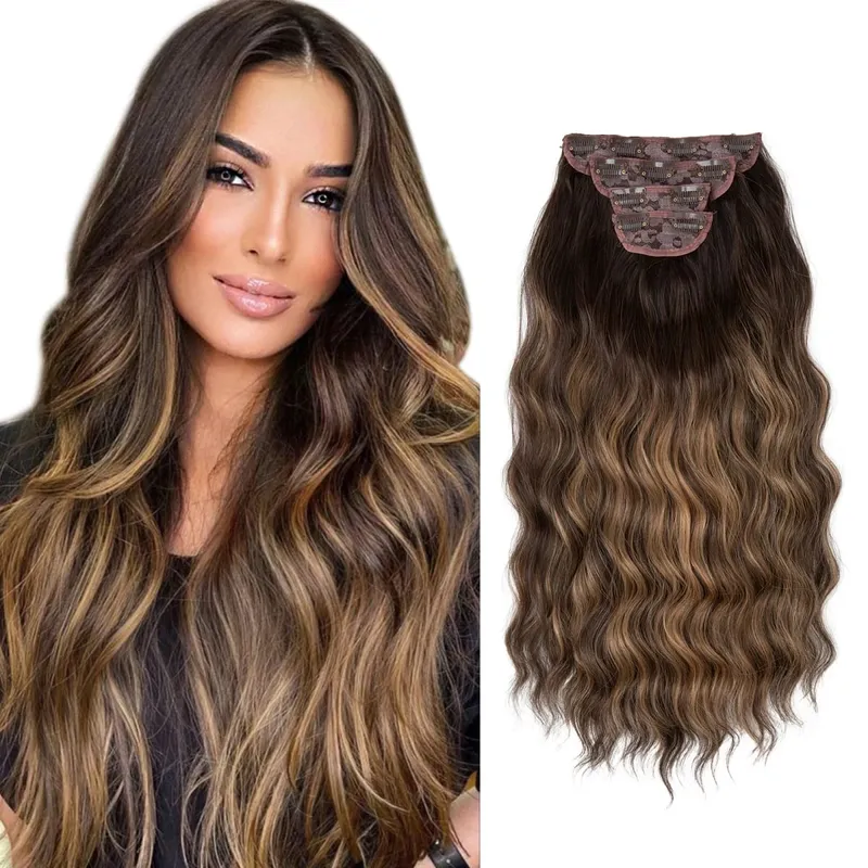 สังเคราะห์ยาวหยักคลิปในส่วนขยายของผม 22 "4 ชิ้น/เซ็ตหนา Hairpiece สำหรับผู้หญิงสีบลอนด์สีน้ำตาลสีดำธรรมชาติผมปลอม — image 20