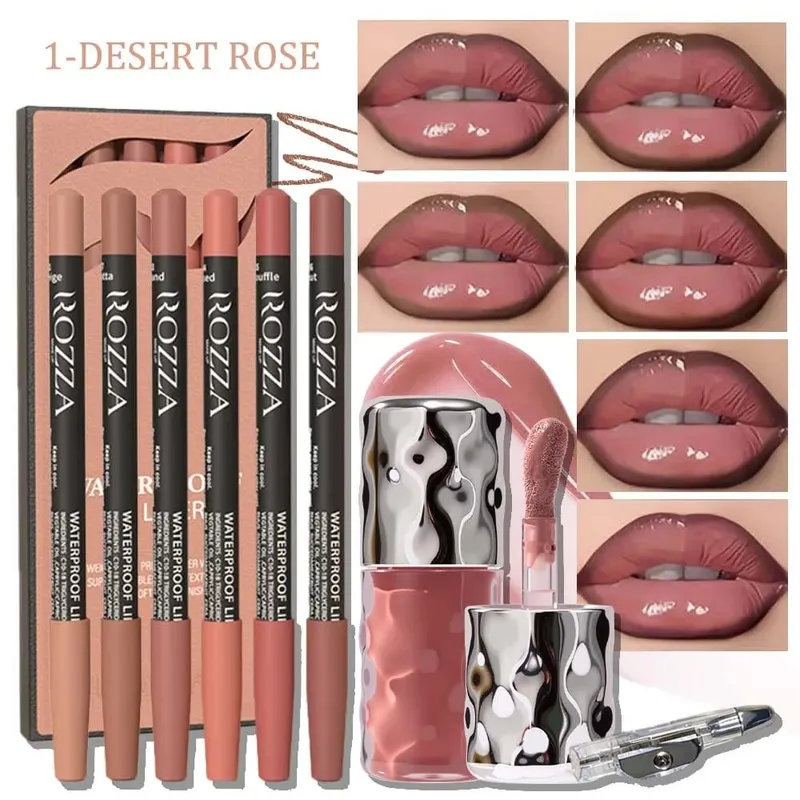8pcs/set Set Kecantikan Bibir Harian – 6 Pelapik Bibir Boleh Blendable 1 Lip Gloss Pelembap&1 Pengasah Pensel – Kit Bibir Tahan Lama Lembut — image 3
