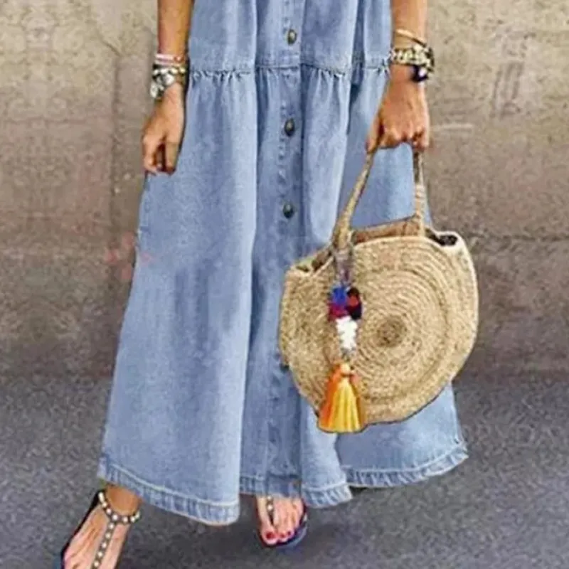 Retro Frauen Kleider 2022 Kurzarm Drehen Unten Kragen Taschen Taste Lange Lose Denim Kleid Sommer Langes Kleid — image 6