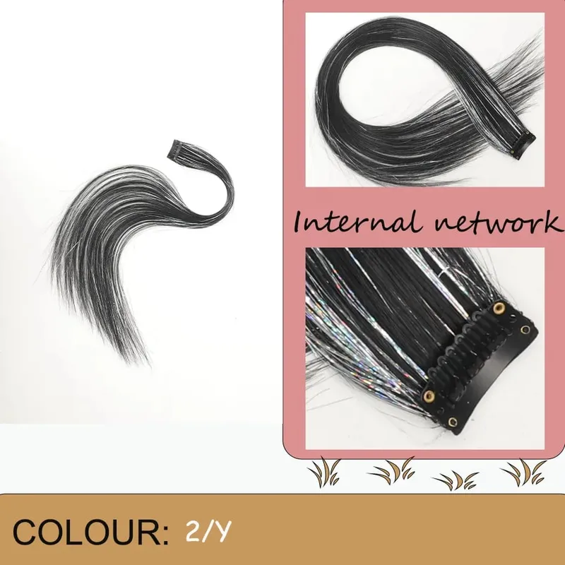 Allaosify 24-inch High temperature Laser Ear Dye Extensions Women's long straight hair with silver highlights