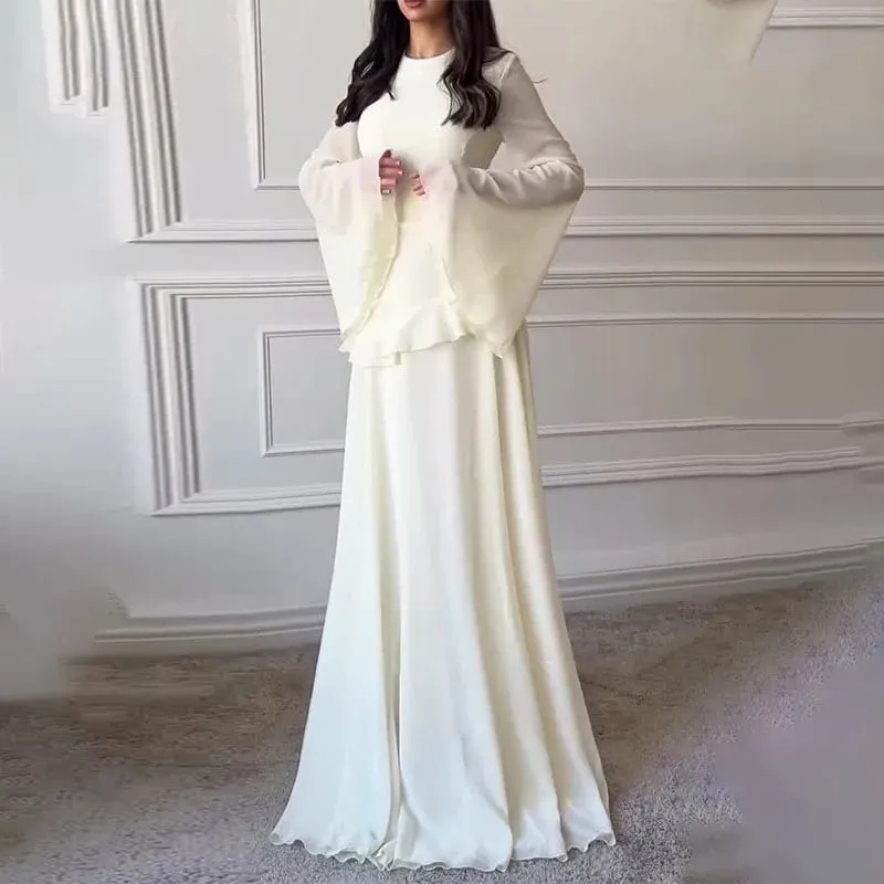 Women Chiffon Solid Ruffled Dress Flare Sleeve Round Neck 2025 New Elegant Maxi Gown Evening Party Fashion Holiday Lady — image 7