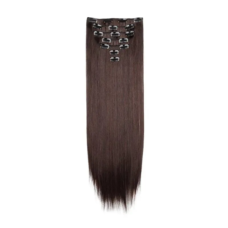 Coiffure longue droite 16 Clips 7 pièces/ensemble Extensions de cheveux postiches synthétiques blondes noires naturelles résistantes à la chaleur pour les femmes Kp — image 12