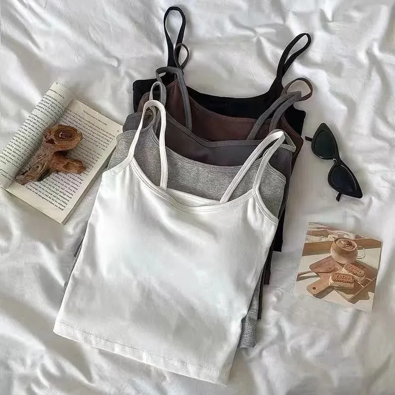 2 ชิ้น/เซ็ตผู้หญิง Basic Cotton Camisole มาดามสีทึบสปาเก็ตตี้สายรัดแขนกุด Slim เสื้อ Breathable เสื้อแขนกุดสั้น — image 3