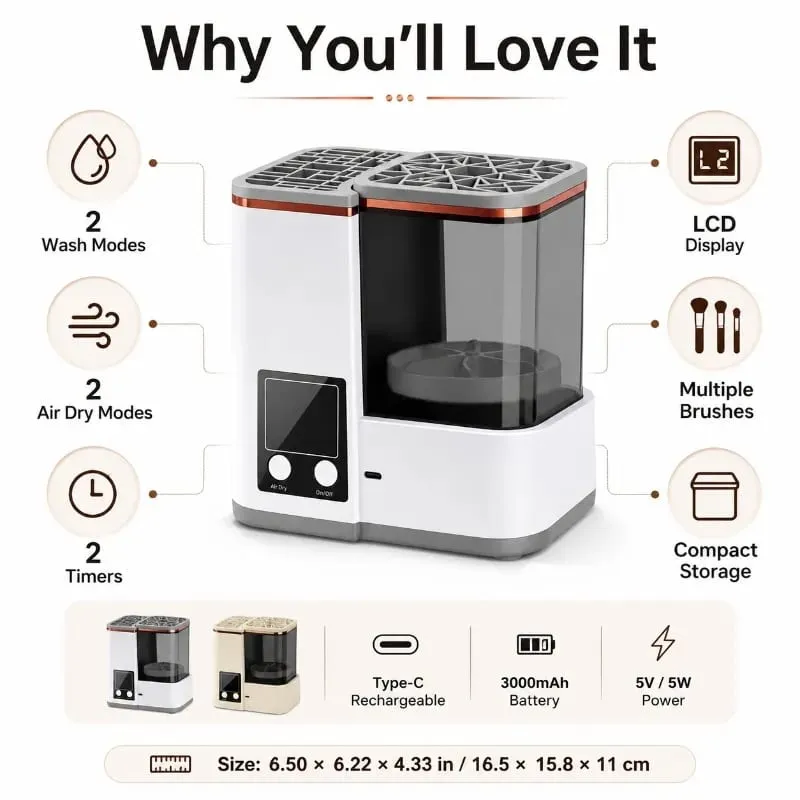 Máquina portátil de limpieza de brochas de maquillaje, lavadora secadora automática, 2 modos de lavado, 2 modos de secado al aire para brochas de belleza, uso doméstico y de viaje — image 5