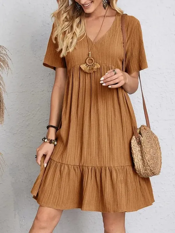 Elegant Vคอชุดสาย 2024 ฤดูร้อนใหม่Rufflesหลวมชุดมินิลำลองแขนสั้นBeach Party Vestidos Streetwear — image 9