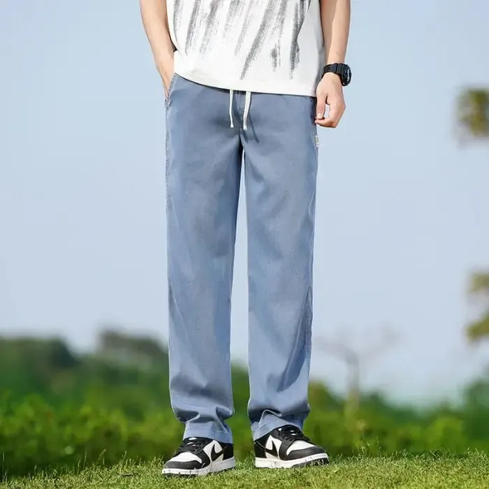 Jeans Kain Lyocell Lembut Musim Panas Pria Celana Denim Lurus Longgar Tipis Celana Panjang Kasual Pinggang Elastis Tali Serut Ukuran Besar M-5XL — image 12