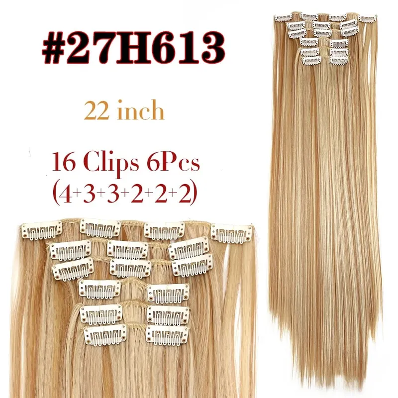 Leeons 16Clips Long Straight Synthetic Clip On Hair Extensions Cheveux Clip Naturel High Temperature Fiber Black Brown Hairpiece — image 7