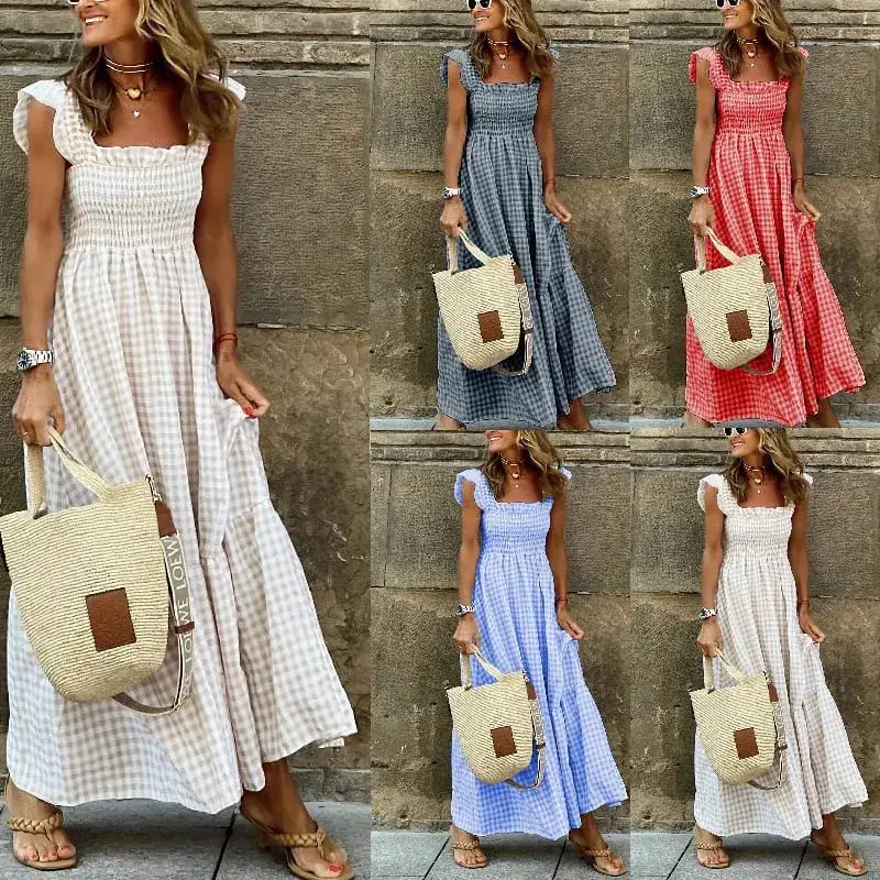 Elegante temperamento xadrez retalhos deslizamento boho vestido de verão plissado sem costas plissado cintura elástica balanço solto vestidos de festa — image 7