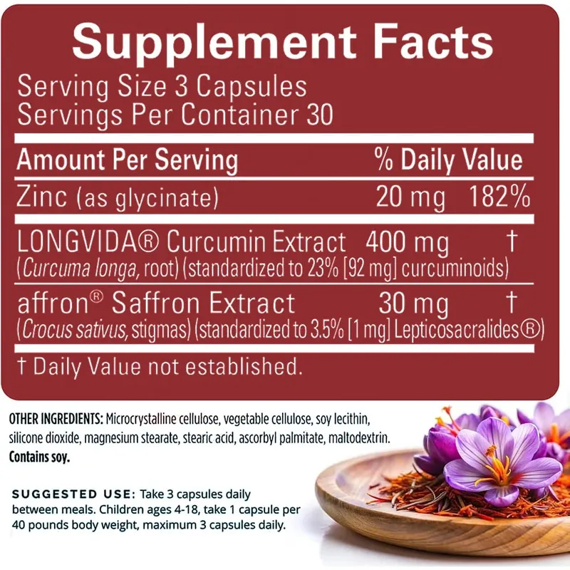 Safranpräparate mit Safranblütenextrakt, Curcumin und Zink für Stimmungsgedächtnis und Augengesundheit. Gelenkpräparate für Männer und Frauen — image 6