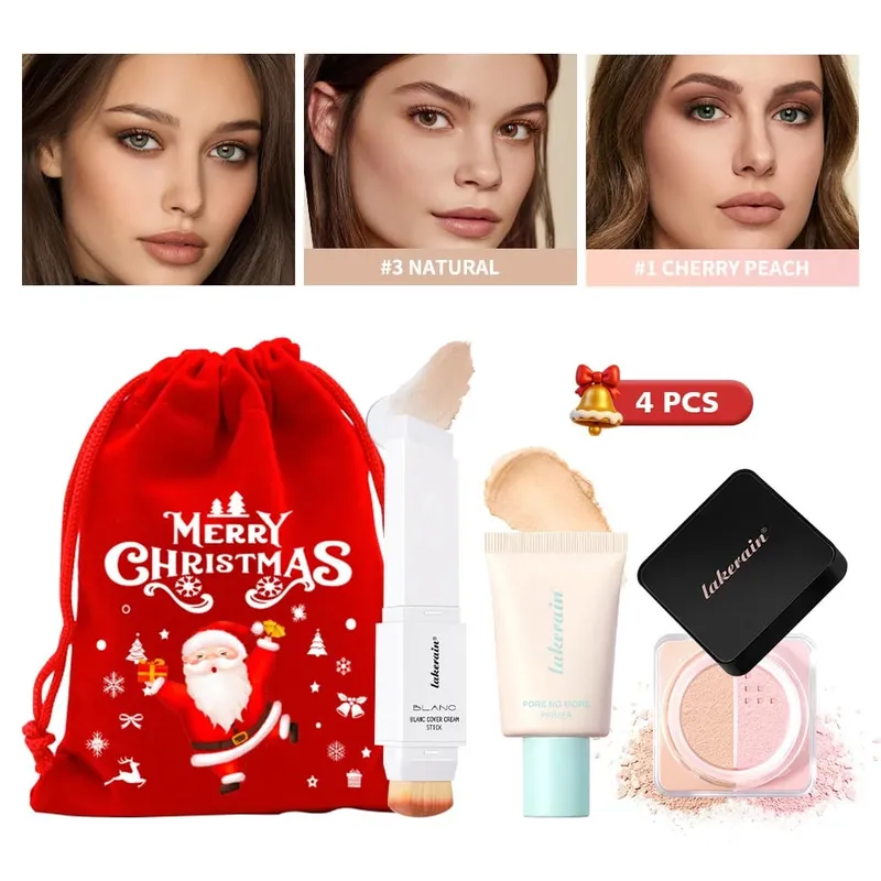 4 stk Ansigtsmakeup Sæt Foundation Stick Pore No More Primer Loose Setting Powder Langtidsholdbar mat Begynder Makeup Julegave — image 2