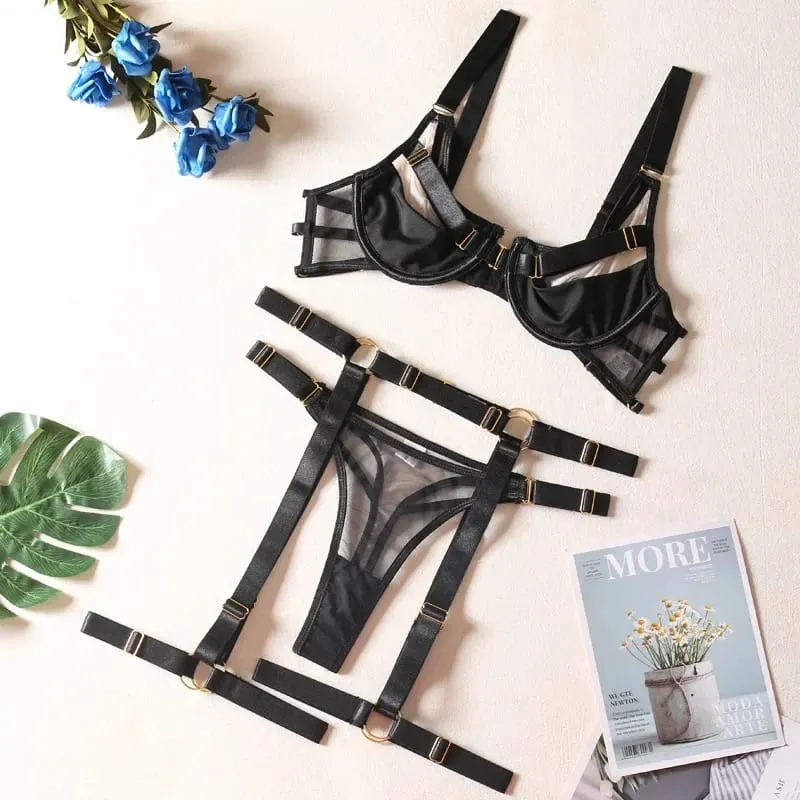 Bra + Celana Dalam + Garter + Lingkar Paha Hitam Merah Berongga Transparan Set Pakaian Dalam Wanita Seksi Setelan Lingerie Push Up — image 1