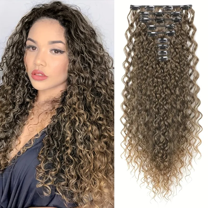 9PCS ที่ยอดเยี่ยม Handstitching คลิปในส่วนขยายของผม 22 นิ้ว CURLY Hair EXTENSION ยาวนุ่มสังเคราะห์ Hairpieces สำหรับผู้หญิง — image 11