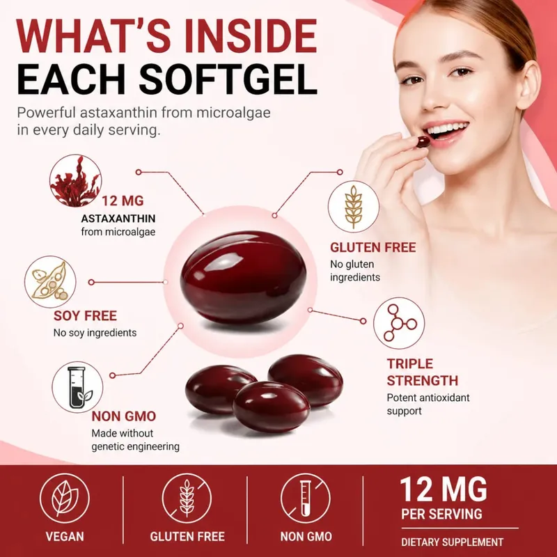 Astaxanthin-Ergänzungsmittel, 12 mg Kapseln aus Mikroalgen, mit antioxidativer Unterstützung für die Gesundheit der Haut und gesundes Altern, 120 Stück — image 5