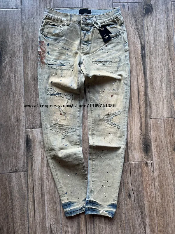 Pantalon en jean déchiré pour hommes, délavé, bleu clair, graffiti, trous endommagés, extensible, slim, bouton, braguette — image 3