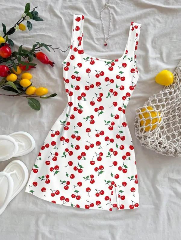 Mini abito da donna sexy stile vacanza con scollo a U, stampa ciliegia, aperto sul retro, con spacco laterale per la primavera/estate — image 3