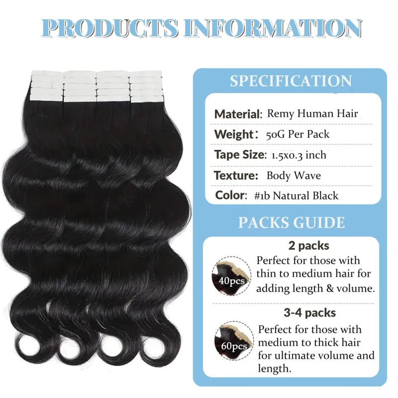 Pita Dalam Sambungan Rambut Badan Gelombang Remy Pelekat Rambut Manusia Boleh Ganti Pita Pakan Kulit Lancar 20/40pcs Rambut Untuk Wanita 24 Inci — image 3
