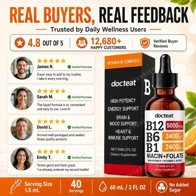 Docteat B Complex Drops 60ml High Power B12 5000mcg Methylcobalamin אנרגיה מוח מצב רוח לב תמיכה חיסונית ללא GMO טבעוני — image 5