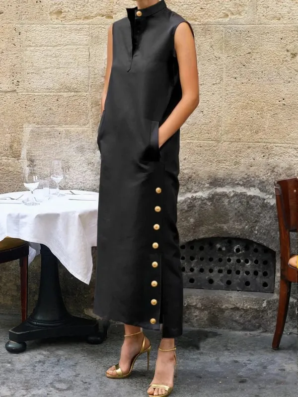 Yeezzi ผู้หญิงแฟชั่นแยกด้านข้าง Buttoned ขาตั้งคอชุดราตรี 2026 ใหม่สีทึบ H-Line เสื้อลำลองชุด