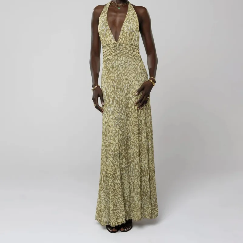 Combhasaki Robe longue d'été sans manches pour femme, col en v profond, dos nu, imprimé fleurs/points, ourlet à volants, maille froncée, ligne a — image 7