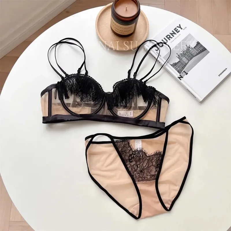Førsteklasses gennemsigtigt mesh-bh-sæt frynsede blonder med halv kop minimizer Ultratynd luksusundertøj fuld bustdækning Slank silhuet
