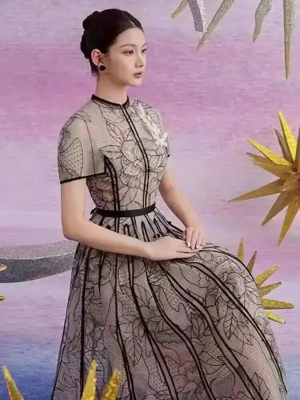 Elegant Dress O-neck Embroidery Gauze Patchwork A-line Solid Women's Evening Party Dresses 2026 Spring New Fashion 35Z927 — image 5