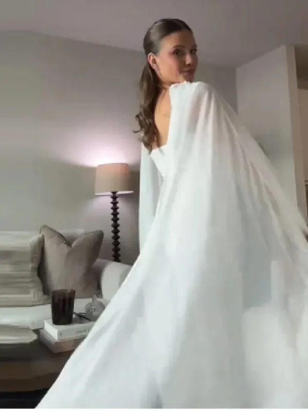 Abito maxi con scollo tondo a mantella trasparente per donna, gonna aperta sul retro, design tinta unita, elegante abito da cerimonia formale da sera femminile — image 7