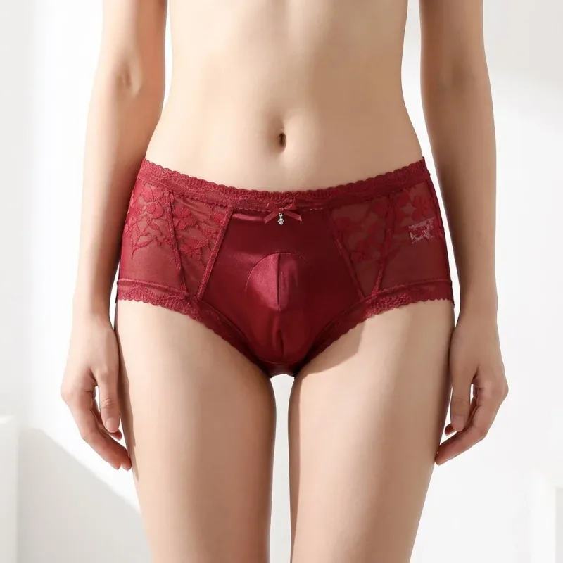 Confezione da 2 slip da uomo in pizzo di raso a vita media, custodia 3D, fiocco in strass, bordo smerlato elastico alto, liscio — image 11
