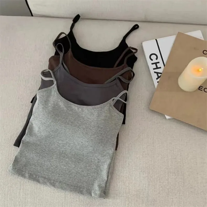 2 ชิ้น/เซ็ตผู้หญิง Basic Cotton Camisole มาดามสีทึบสปาเก็ตตี้สายรัดแขนกุด Slim เสื้อ Breathable เสื้อแขนกุดสั้น — image 8
