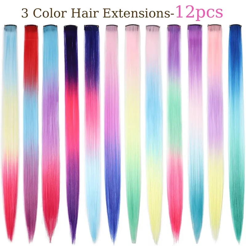 20 inci patchwork 3 warna sintetik klip tunggal warna pelangi sambungan rambut sambungan rambut 24 warna untuk kanak-kanak perempuan hadiah percutian — image 6