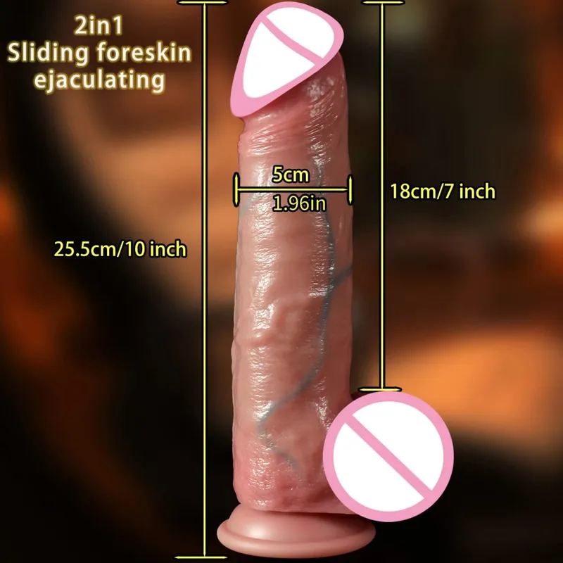 2 en 1 consolador súper realista pene deslizante prepucio eyaculación Miembro grande penetración Anal masturbación femenina Sexy juguetes sexuales para adultos