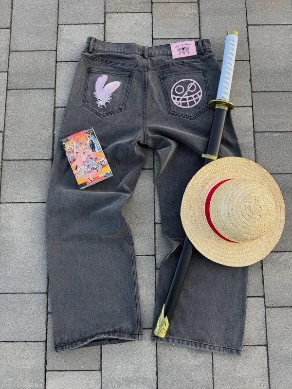 2026 japanischen stil high street patchwork bestickte jeans männer goth Harajuku mode breite bein jeans y2k retro casual hosen — image 8