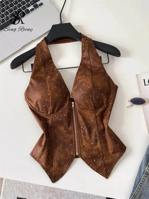 Polka Dot PU หนังเซ็กซี่ TOP Slim Backless Shirred ซิป Sensual Tank Top 2026 ผู้หญิงอินเทรนด์ Halter Hotsweet Camisole — image 2