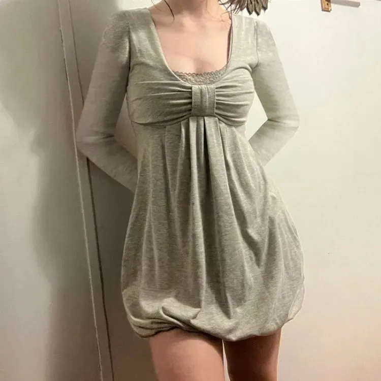 Elegant Sweet Bow Patchwork Fake Two Piece Dresses Sexy Square Collar Dress for Women Long Sleeve Loose Vestidos Femininos — image 3