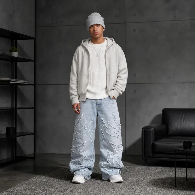 Jean à jambes larges en Denim noir, Streetwear, avec lettres surdimensionnées brodées et jean Baggy en détresse, pantalon gothique Hip Hop — image 4