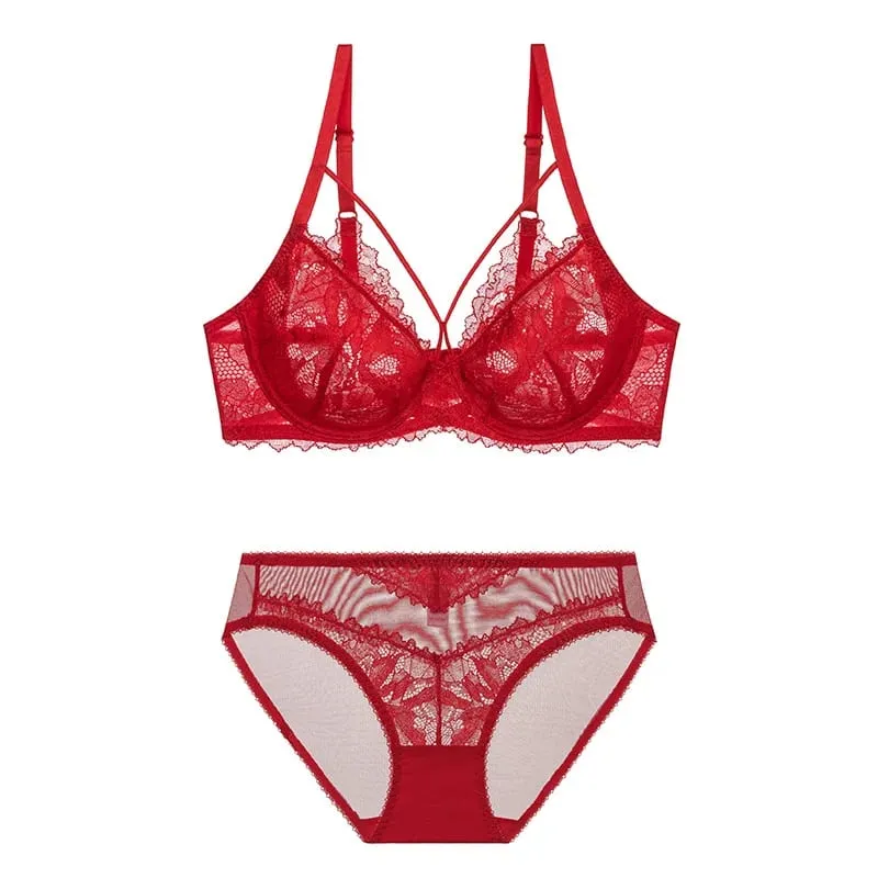 L'bellagiovanna PLUS ขนาด Minimizer Bra ชุด Strappy Caged ลูกไม้ชุดชั้นในเย็บปักถักร้อย SHEER ตาข่าย Bralette Underwire Unlined Bra B-E — image 9